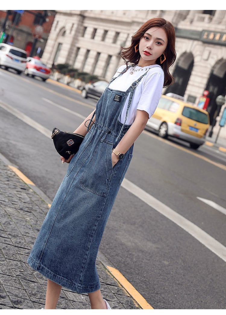 ワンピース ジャンパースカート デニム ミモレ丈 カジュアル デニムワンピース ジャンパースカート ロング ワンピース