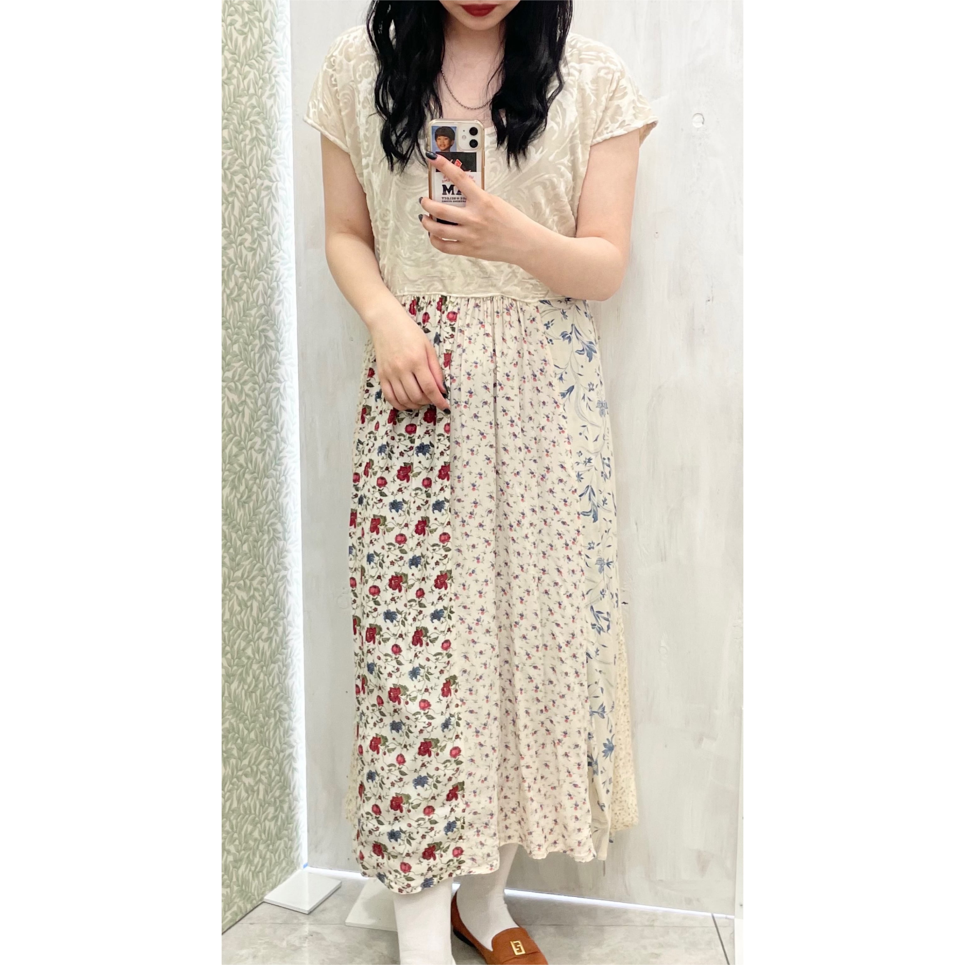 vintage/one-piece/flower/velours/ivory/short sleeve/long/ビンテージ/ヴィンテージ/ワンピース/ベロア/花柄/アイボリー/半袖/長め