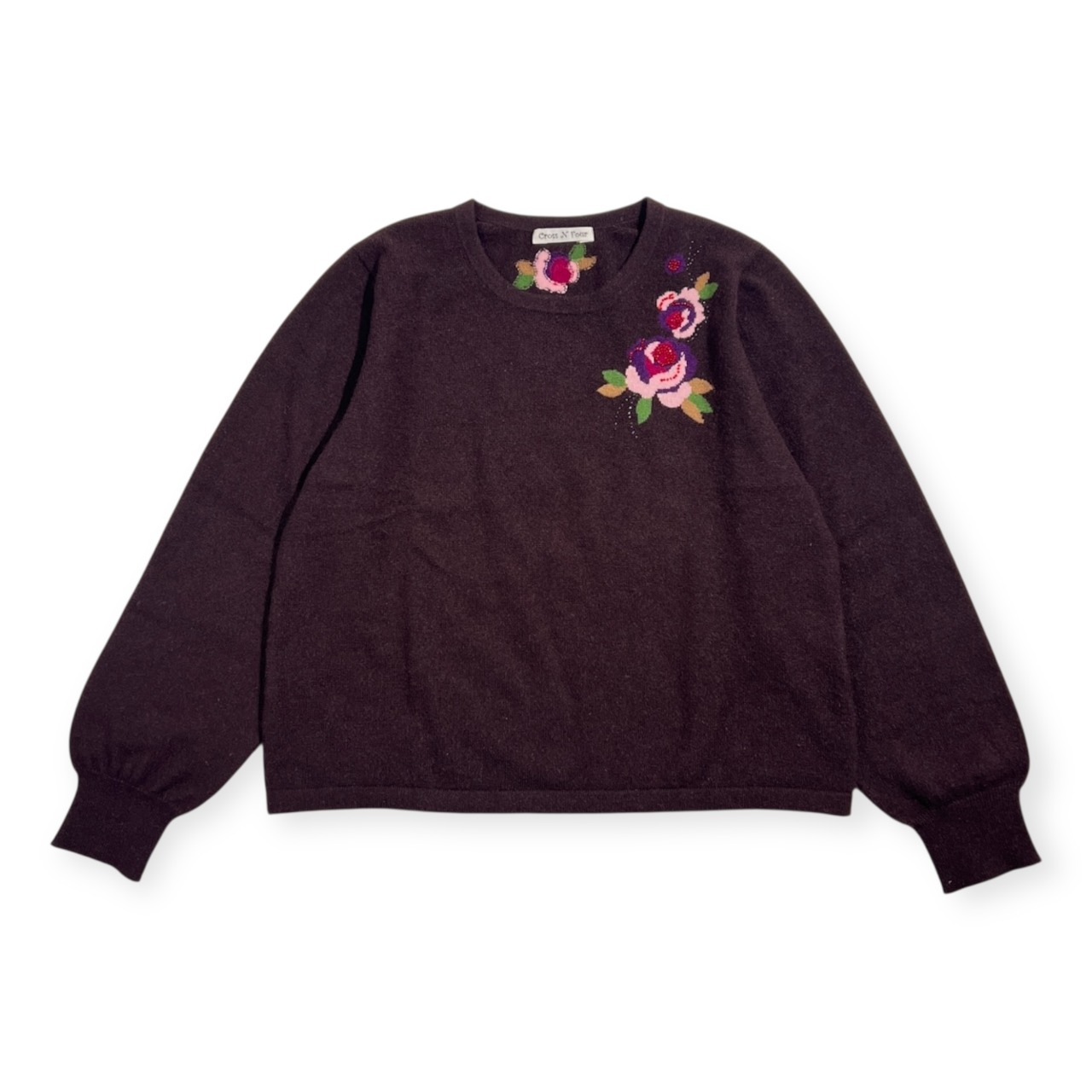 カシミヤ100% Cross N Four クロスエヌフォアー バラ ビーズ デザイン ニット セーター 13/ダークブラウン系 レディース