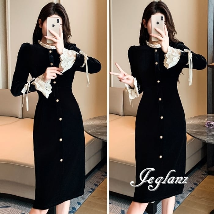 ベルベット調 パーティ バイカラー ワンピース ドレス レース 光沢感 (MB145)η