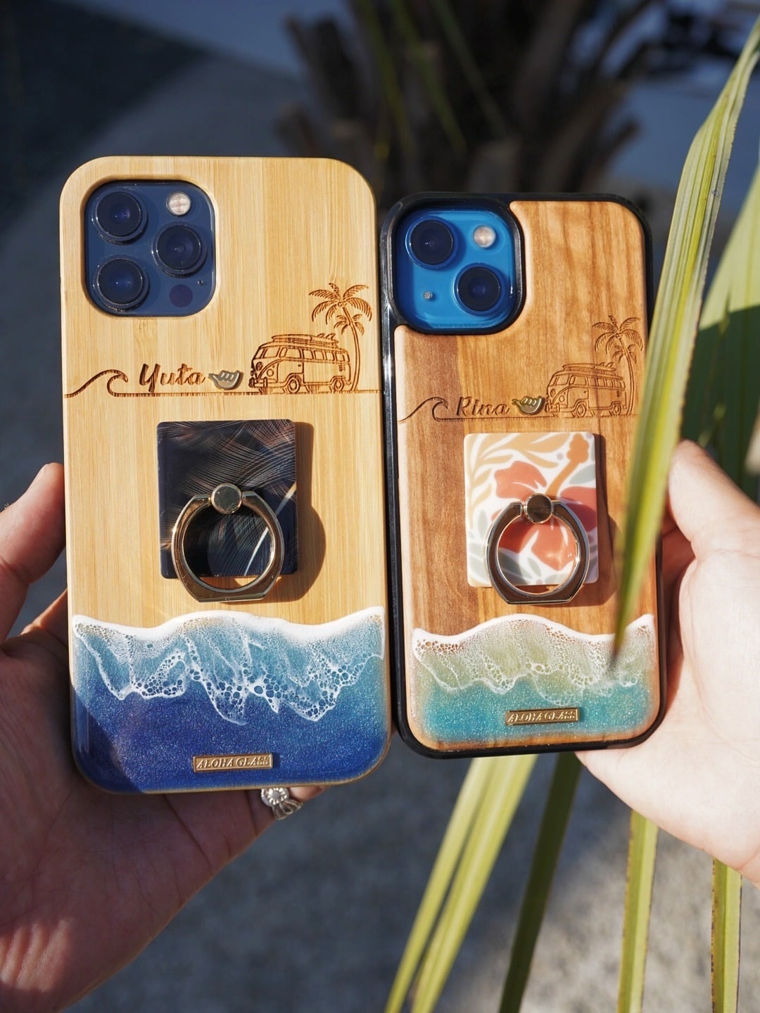 Aloha wagon ring/wood×resin earth blue wave case(olive wood