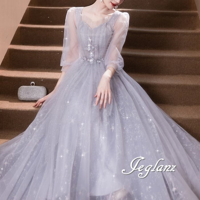 パーティ イブニングドレス チュール 背中 編み上げ ラメ 光沢 7分袖(M8982)ζ