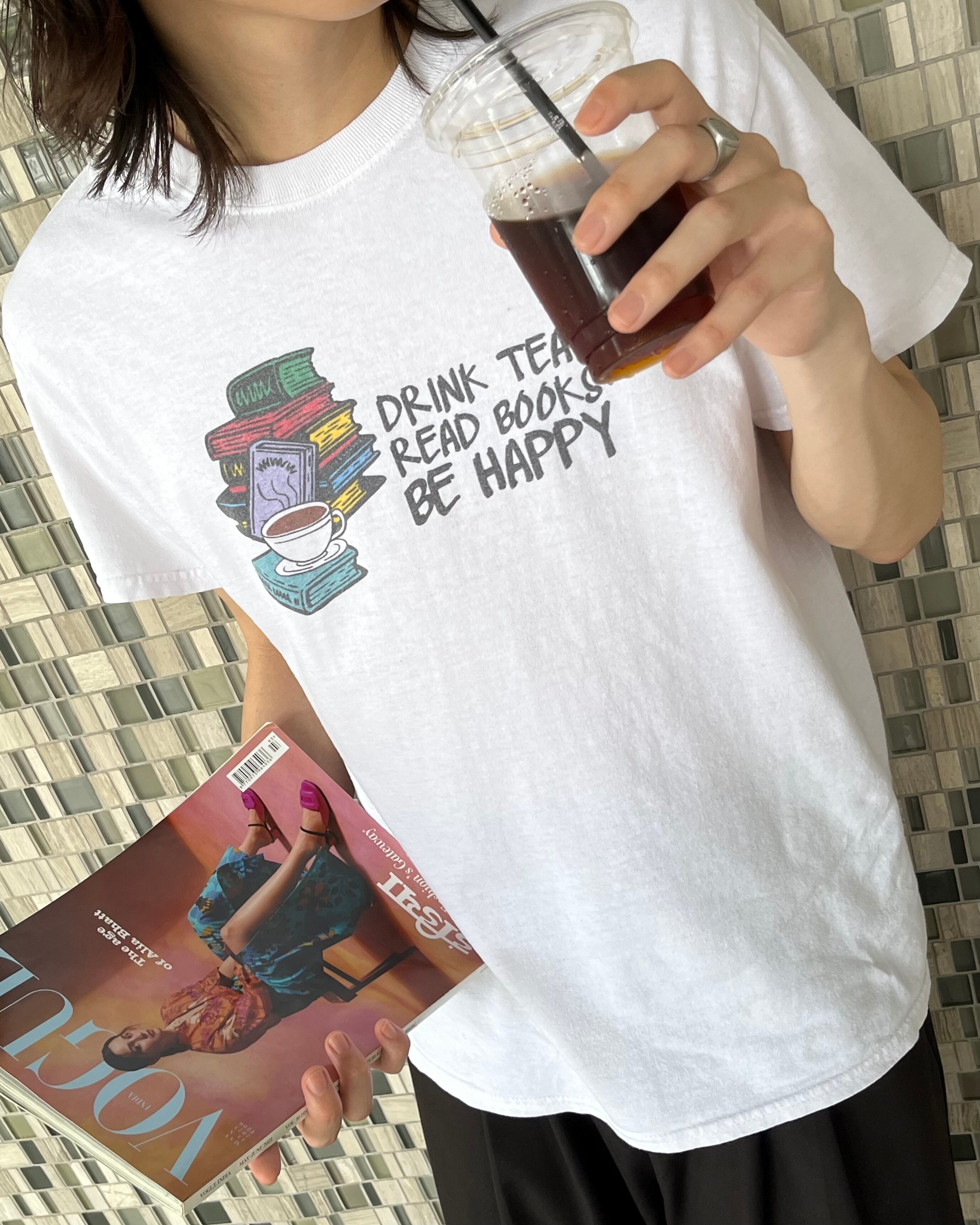 00s USED "Drink Tea Read Books Be Happy" S/S Print Tee