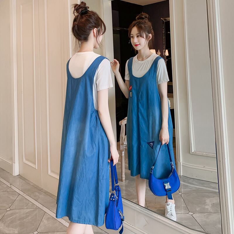 【新作】【送料無料】 マタニティウェア2020夏の新しいTシャツ+ウォッシュドデニムラベルミドル丈ベストスカート妊娠中のツーピースセット-アリババ サマー 夏物 expec230526118792