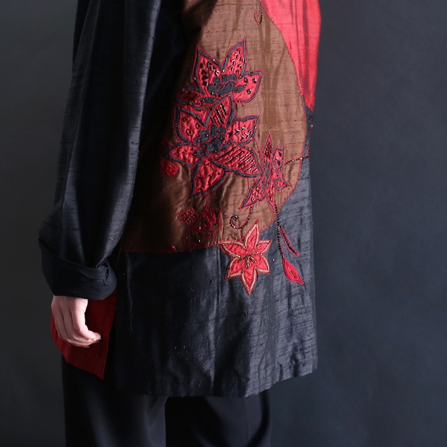 switching asymmetry design flower embroidery l/s shirt jacket