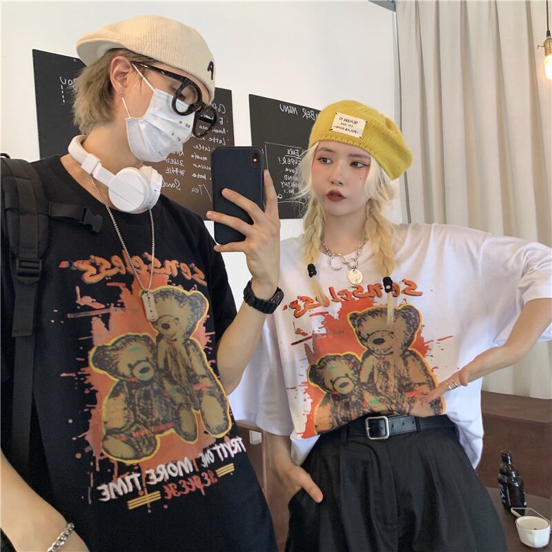 送料無料】KOREA スタンダードダークプリント柄ルーズTシャツ