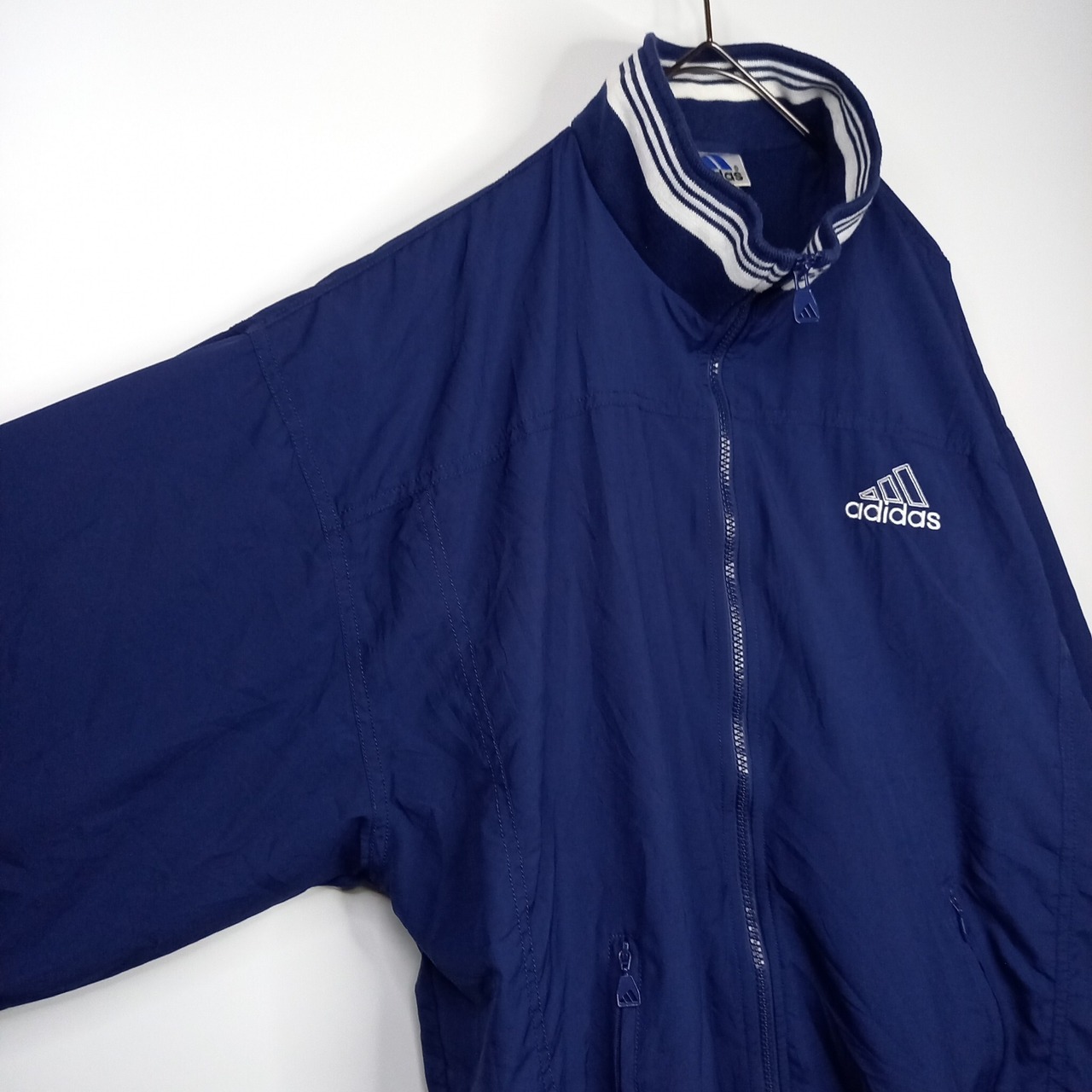 00s　アディダス　フルジップ　ナイロン　ジャケット　刺繍ロゴ　総メッシュ　紺
