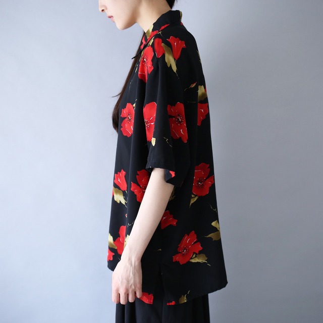 "花柄" black base red flower mode h/s shirt