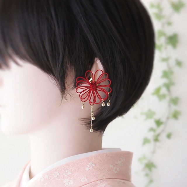 飾り結びかたっぽイヤーカフ「高ク輝ク」【軽量】＋グラスパールで浴衣・着物・洋服に。