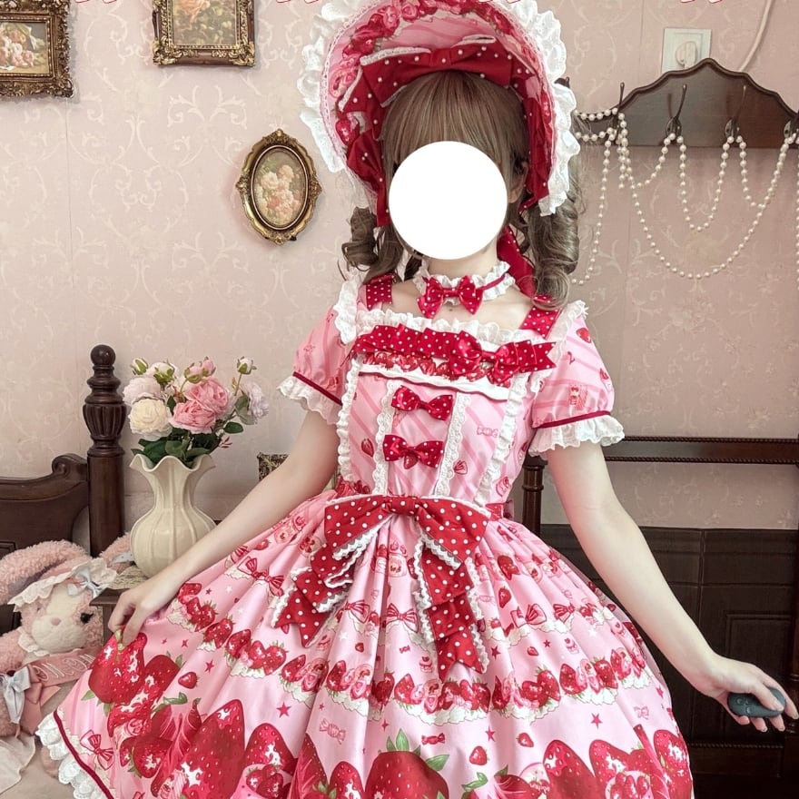苺姫のティータイム 赤リボンいちご柄姫袖レースフリル甘ロリ