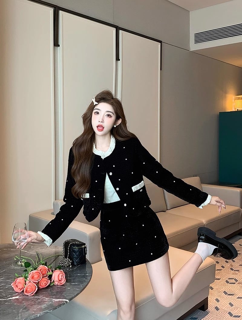セットアップ ジャケット スカート ミニ 長袖 ベロア パール フリル