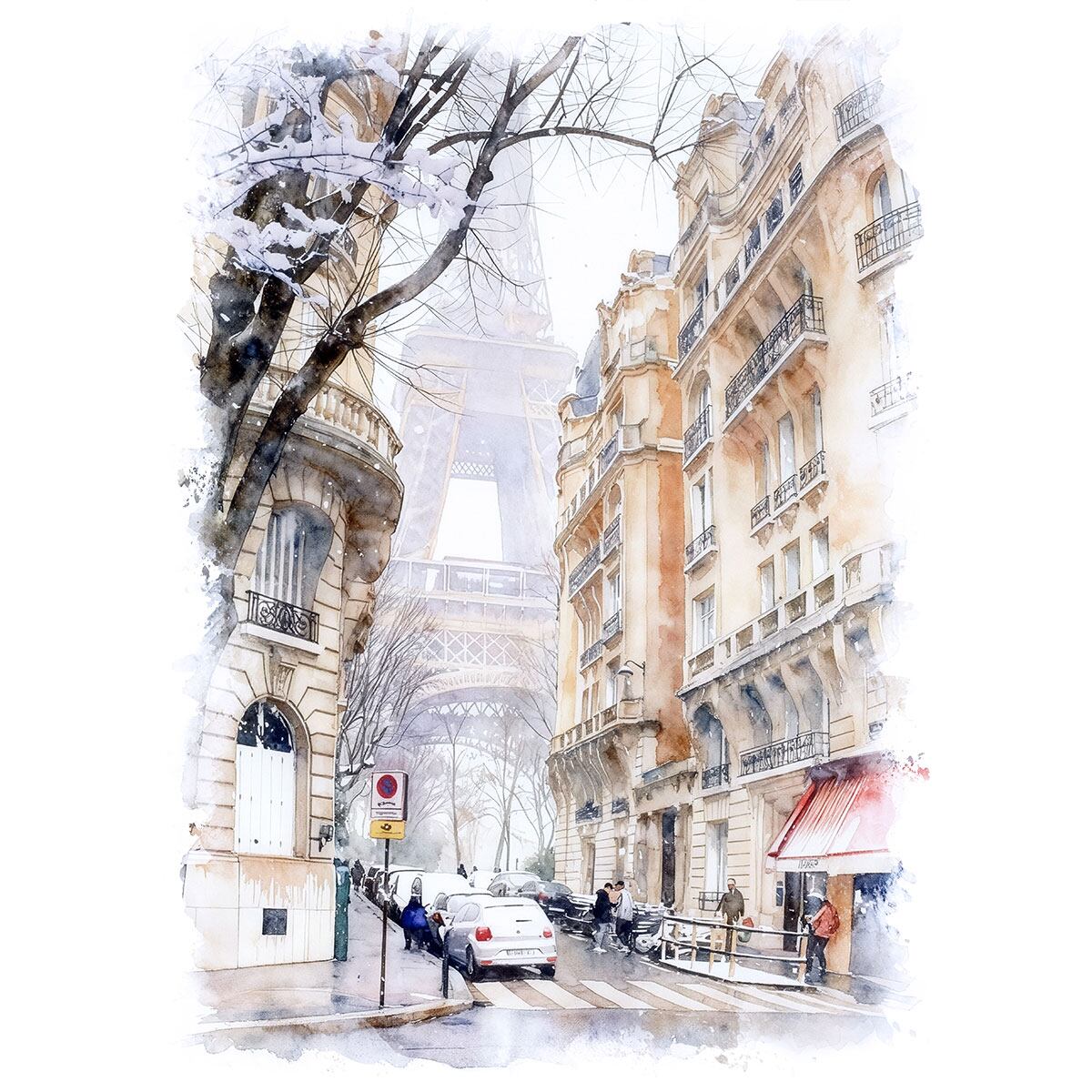 絵画 フランス 風景画(街並み) 冬 雪が降る エッフェル塔 インテリア