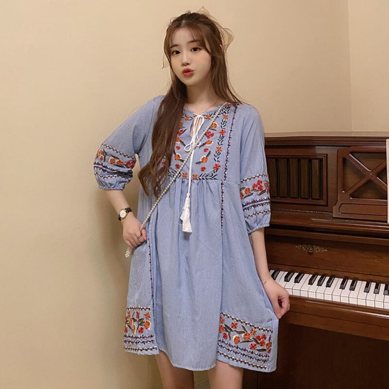 エスニックスタイル刺繍ドレス レディーススプリングルーズ薄手レースストライプスカート 春物 萌量不足61804790069