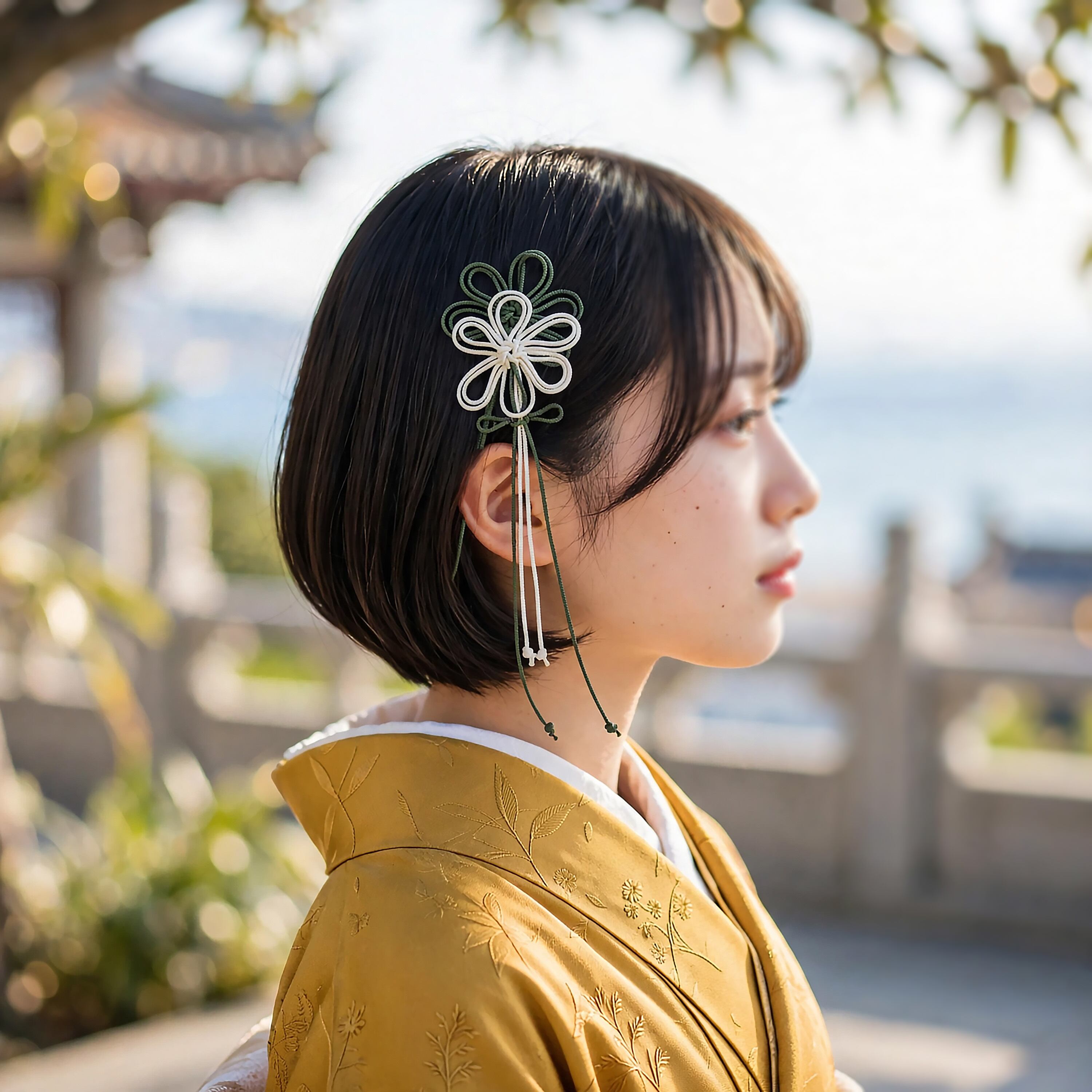 飾り結びカチューム「問ヒツタフ術」(深緑×アイボリー)【軽量・簡単】浴衣や着物、日常使いにも。