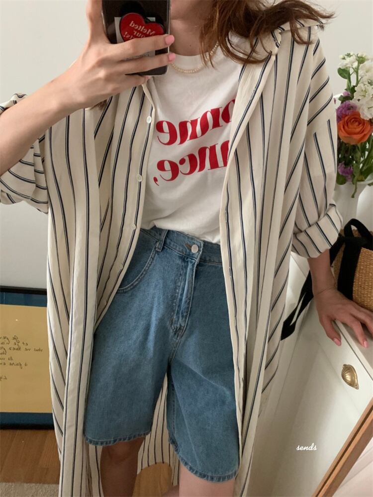 long stripe shrt one piece/ロングストライプシャツワンピース