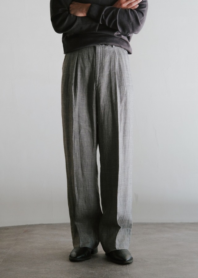 80's renoma White House Paris tucked check wide straight linen slacks