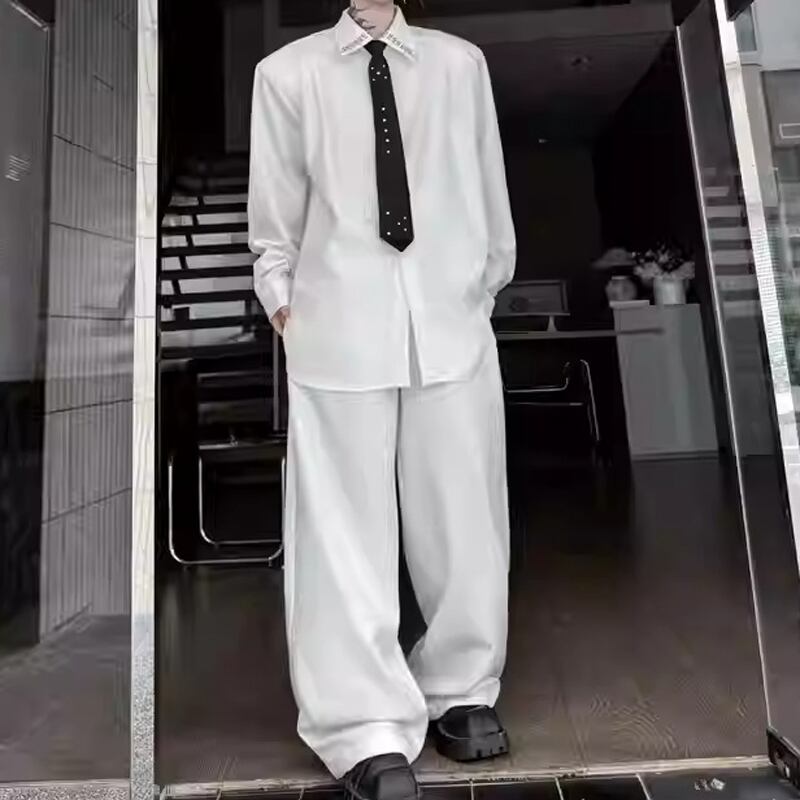 スタッズ付き襟のロングスリーブシャツ ワイドシルエットのパンツセットアップ 2color MSE0012