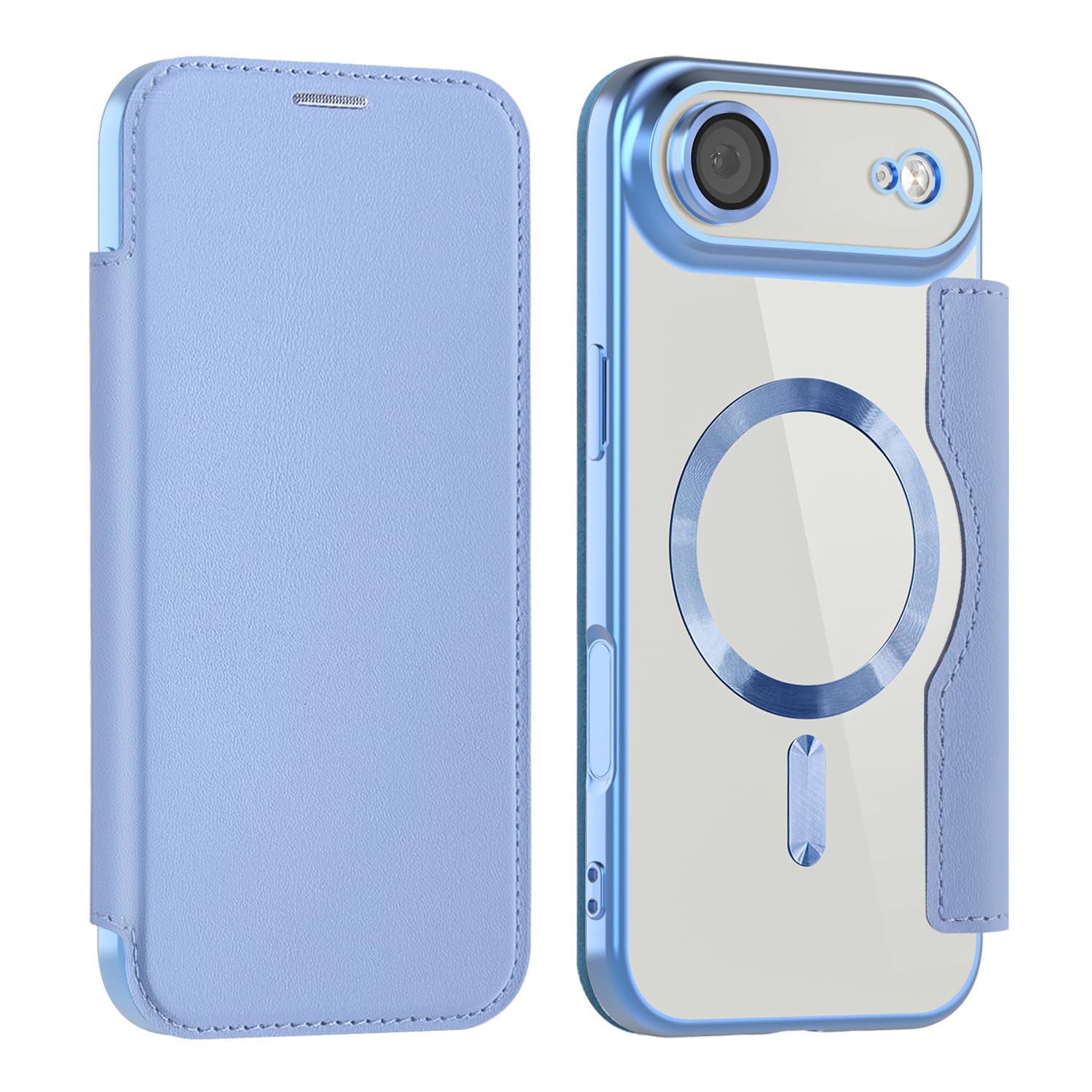 MuZiF iPhone Air 用 ケース 手帳型 Magsafe対応 クリア 背面 透明 高級なPUレザー 永久磁石 マグネット スマホケース カード収納、人気財布型 カバー 軽量 アイフォンAir 用 手帳カバー (iPhone Air用,ブルー)