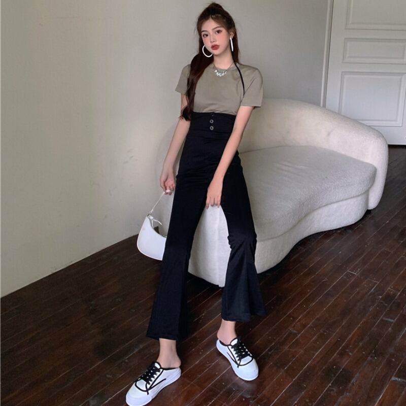サマー薄手スキニーTシャツ ハイウェストウェストワイドレッグストラップ カジュアルパンツ レディース 夏物 ワイドパンツ YY-ファッション78976742556