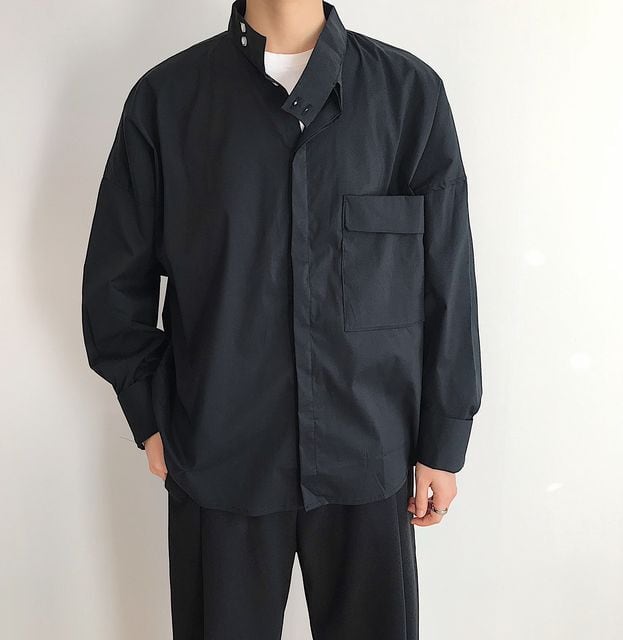 予約販売】シャツ 長袖 メンズ シンプル ハイカラー 立ち襟 モノトーン