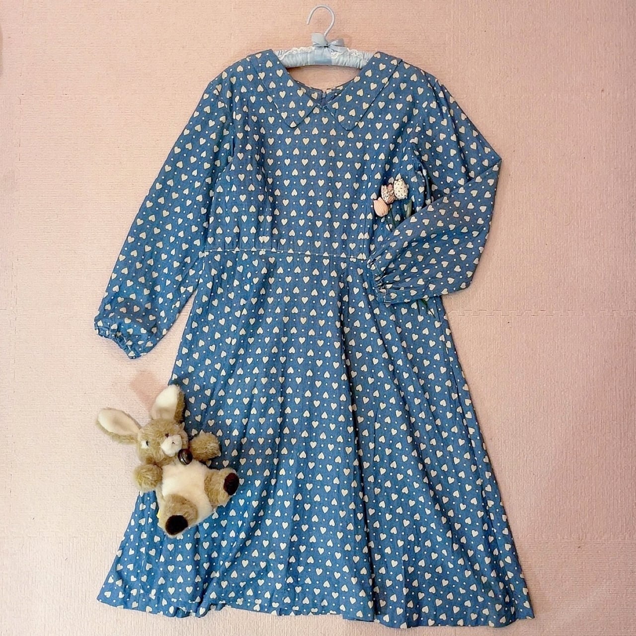 heart dot denim flare one-piece