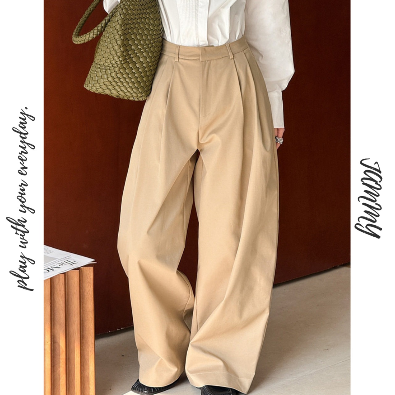 two-tuck wide straight pants　J00447