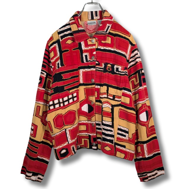 デザインジャケット 古着 レッド イエロー アート 刺繍 民族 NA30