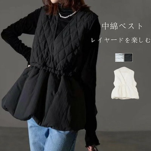 キルティング ベスト レディース ジレ キルティングベスト キルト アウター 中綿 フレア フレアベスト フリル ノースリーブ ノースリ ギャザー Vネック 中綿入り キルトベスト ぺプラムシルエット