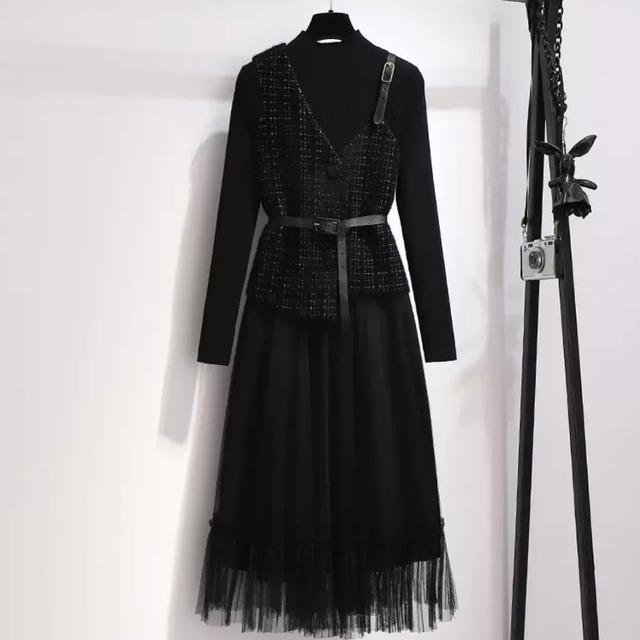 2点セット セットアップ シフォン ワンピース 10394トップス スカート フレアワンピース ワンピドレス ニットワンピ 膝丈 ひざ丈 袖あり ノースリーブ 長袖 タートルネック フレア セミフレア スリム タイト 細身 Aライン 切り替えデザイン チュール シフォン ベルト ウエストマーク リブ ツーピース かわいい 大人可愛い きれいめ シンプル 大人 上品 おしゃれ お洒落 ガーリー  モダン 無地 レディース デート お出かけ 女子会 重ね着 韓国 オルチャン コーデ モテ 大人カラー 送料無料