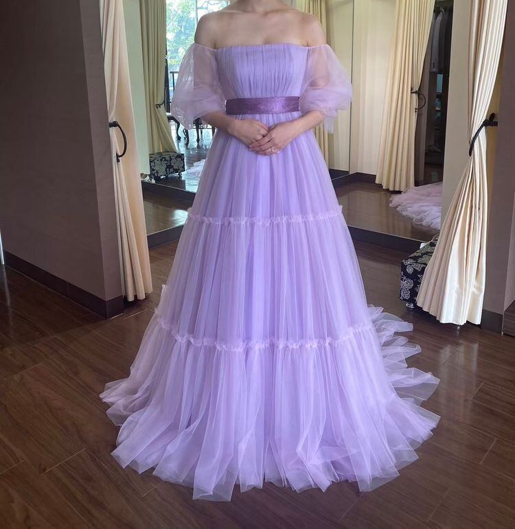 上品！カラードレス パープル ラッフルフリル ベアトップ ソフト  