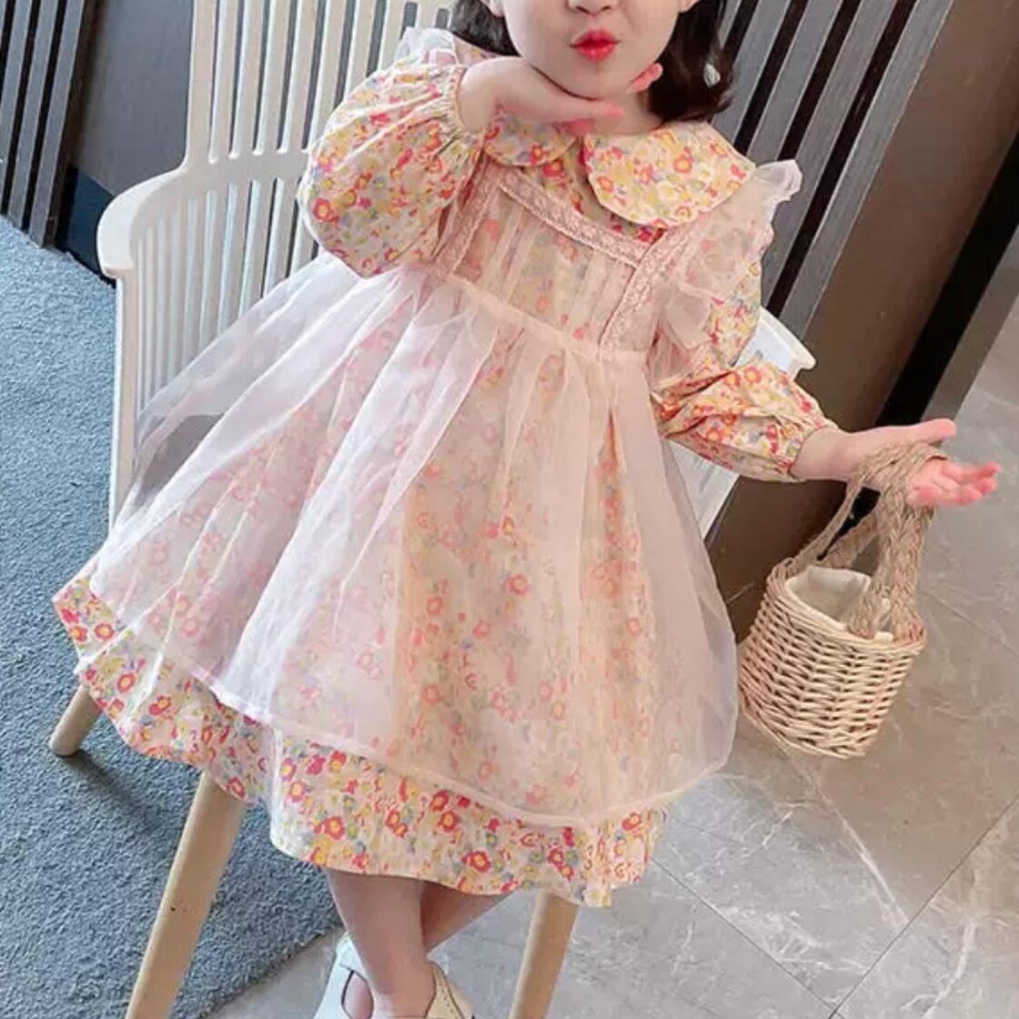 子供服 80〜130 花柄 ワンピース 丸襟 レースエプロン 送料無料 