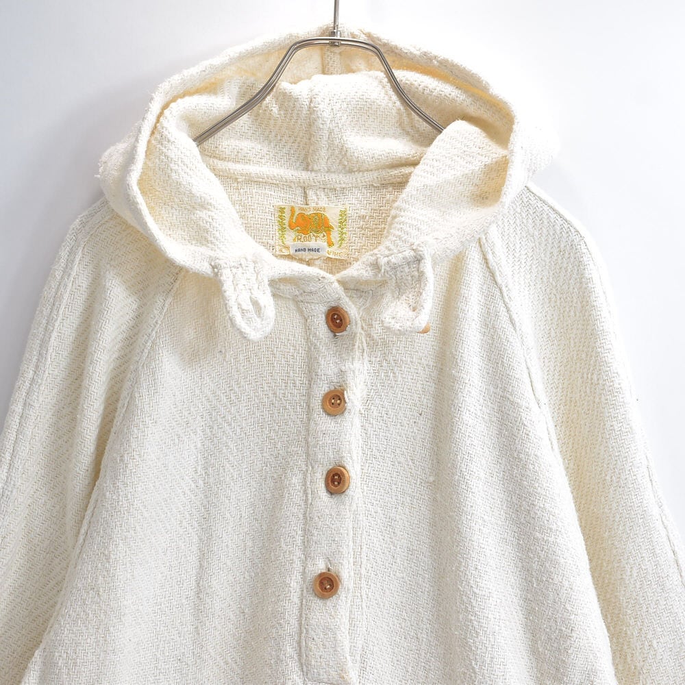80~90s Hand Made ハンドメイド メキシカンパーカー風 コットン プルオーバー フーディー エスニック パーカー オフホワイト 厚手 ヴィンテージ ビンテージ 古着 レディースXL~XXL相当
