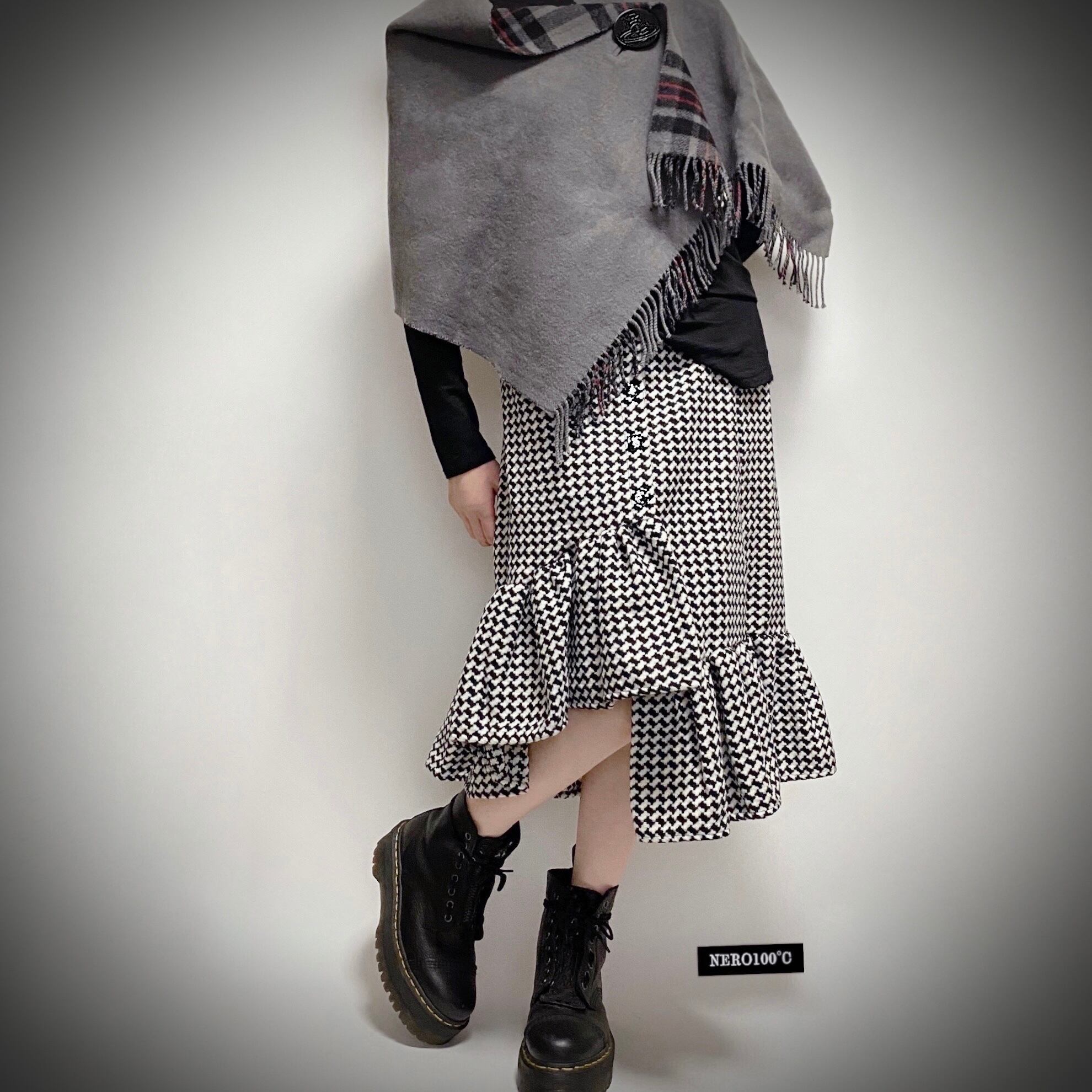 【Akira Naka】 デザイナーズ　アシンメトリー巻きスカート　メガチェック