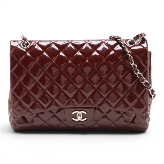 Rare◇CHANEL Large Matelasse Patent Leather Bordeaux Gold Hardware Single Flap Double Chain Bag A58601 854