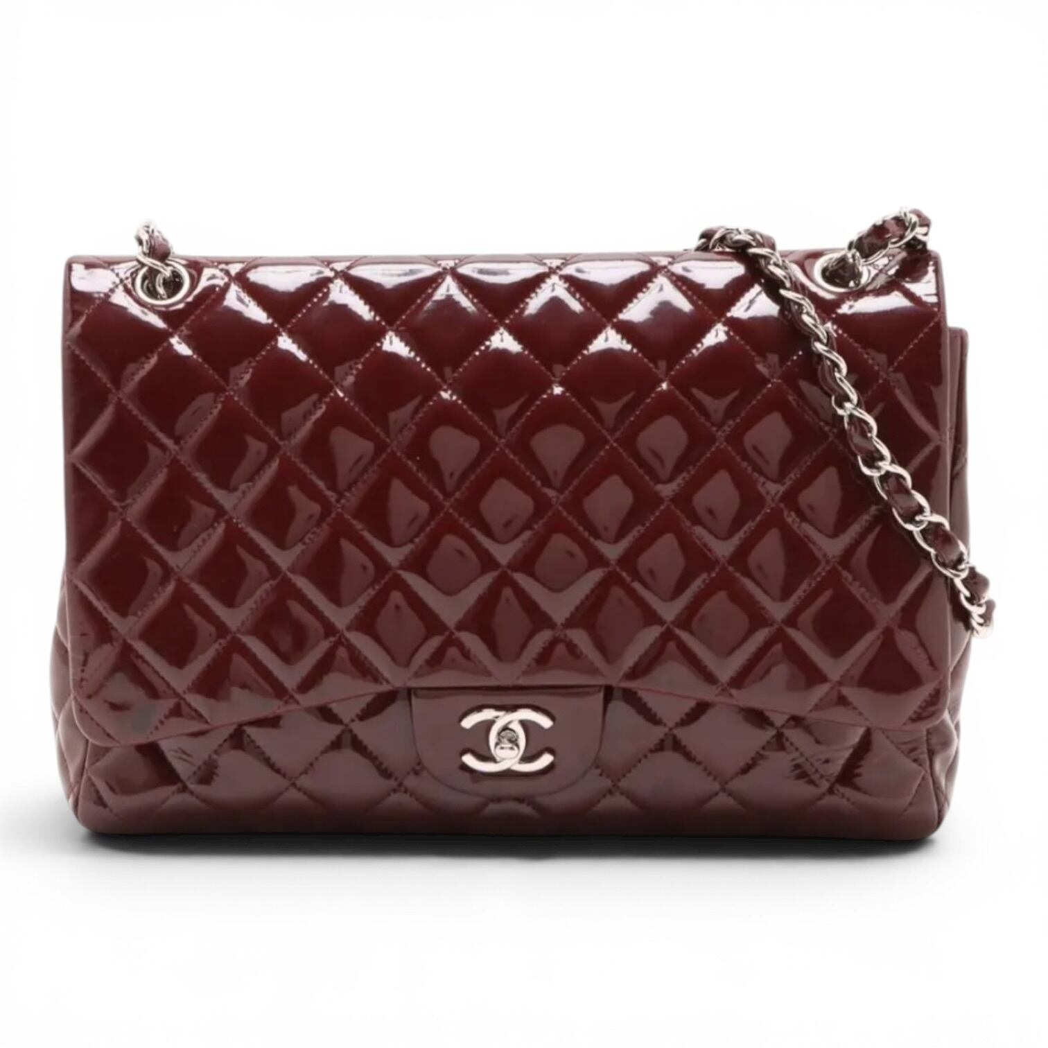 Rare◇CHANEL Large Matelasse Patent Leather Bordeaux Gold Hardware Single Flap Double Chain Bag A58601 854