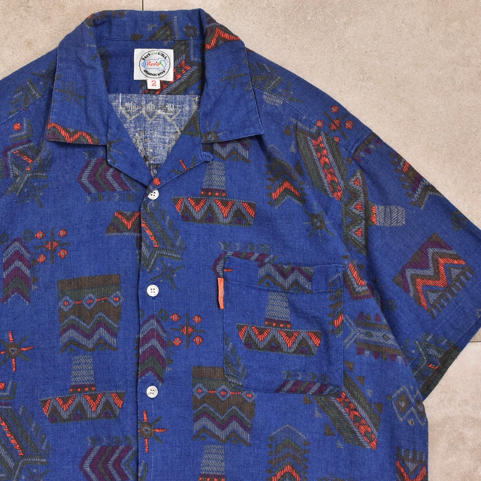 70~80s Native pattern open collar shirt Jp vtg