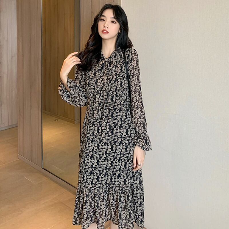 フローラルシフォンドレス スプリングスタンダードレースロングスカート レトロ 春物 花柄 YY-ファッション33801359679