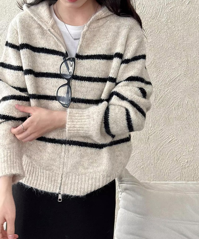 フードボーダージップアップニット Q0313