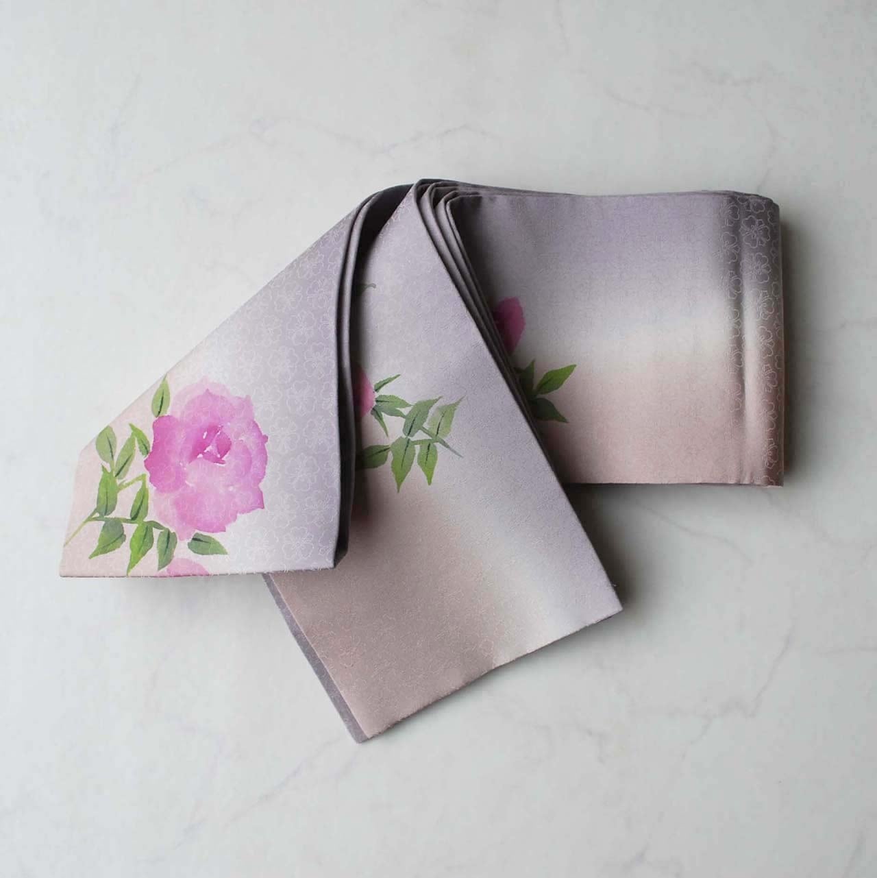 【半幅帯】灰桜×浅紫地 花文 半幅帯