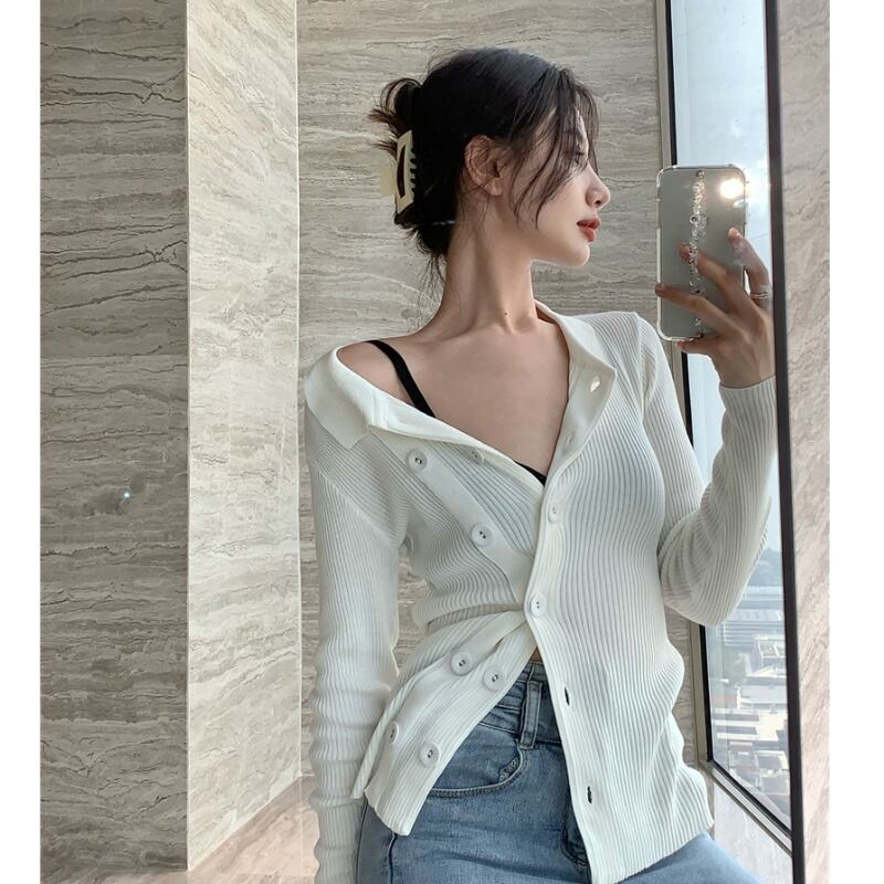 ホワイトニットカーディガンスプリングスリム長袖スリーブセーター ジャケット ロング 春物 YY-ファッション55606458514