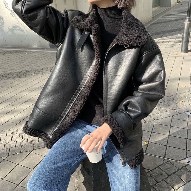 【予約販売】ライダースジャケット レディース ショート丈 裏ボア レザー ブラック カジュアル 秋冬 アウター おしゃれ こなれ感 韓国 M/L