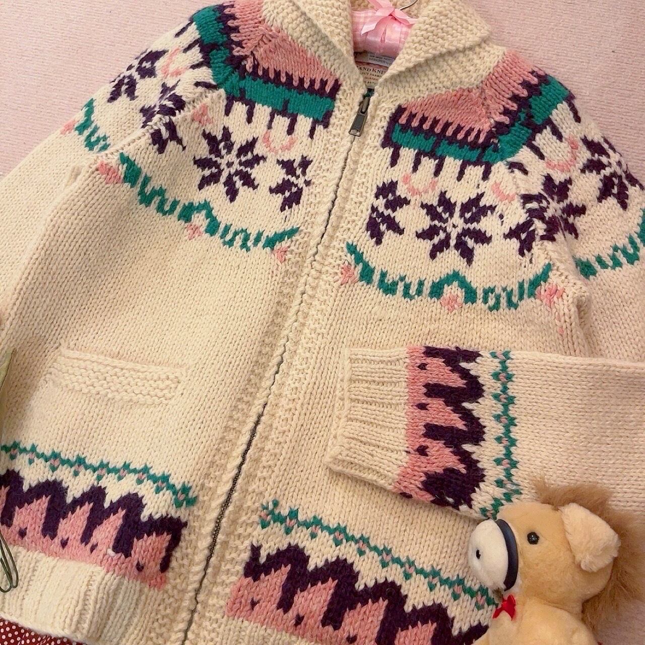 pink purple snowflake zip knit sweater