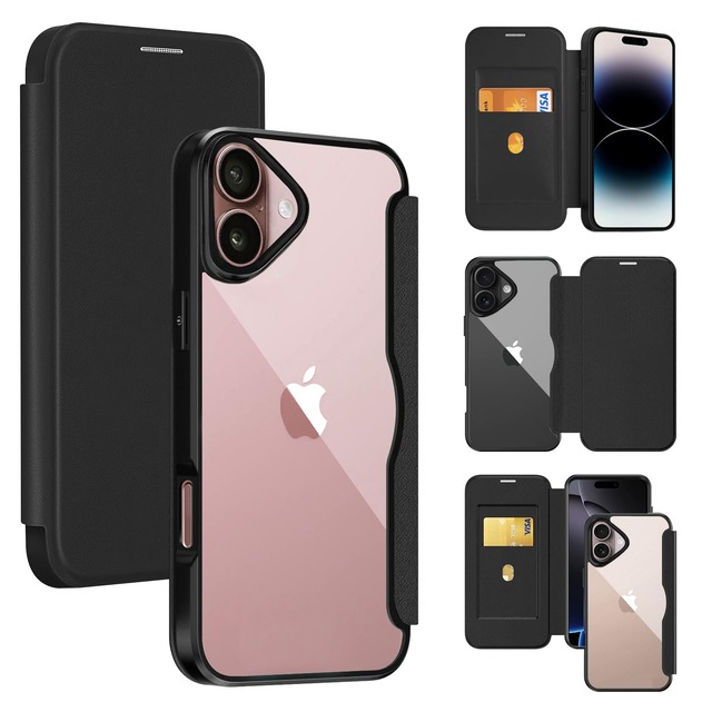 Guokaien iPhone17 用の ケース 手帳型 クリア 背面 透明 いPhone17 スマホケース カバー 高級なPUレザー+PCパネル+TPUバンパー 永久磁石 マグネット カード収納 人気財布型 手帳カバー(ブラック)