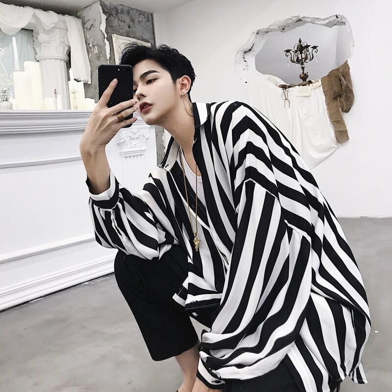 メンズ韓国 ヴィンテージ ファッション ストライプ シャツ ドレスシャツ