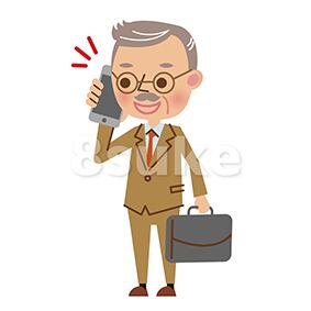 イラスト素材:スマートフォンで通話する熟年のビジネスマン(ベクター・JPG)