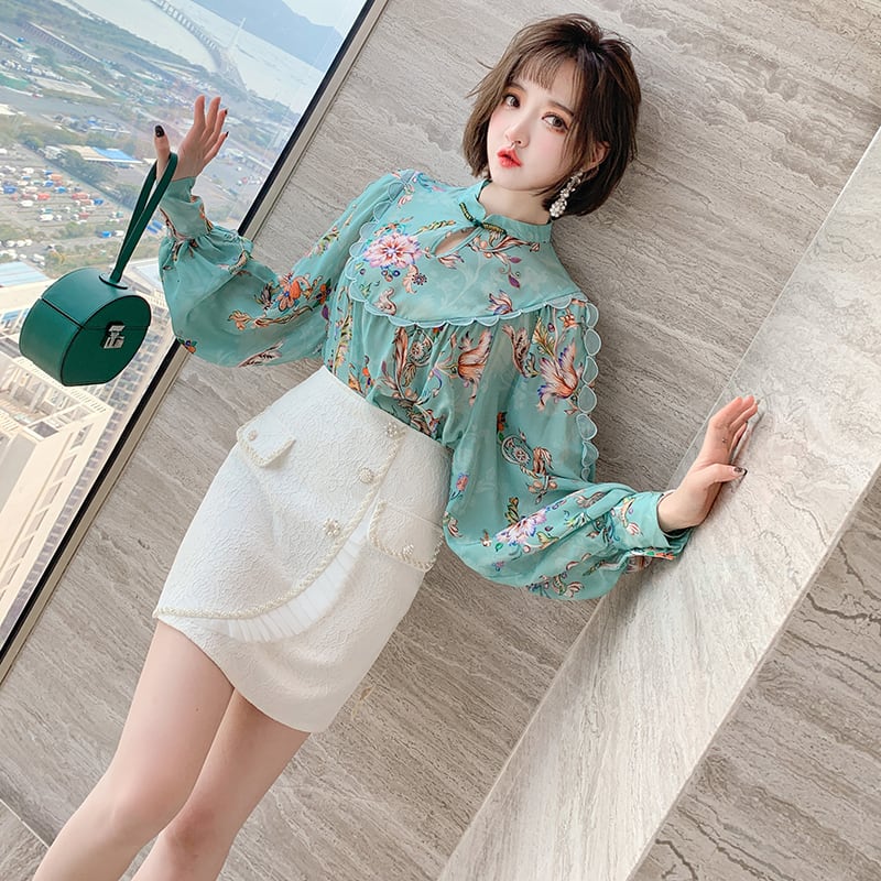 レーススリーブボタンプリントシャツ スプリング ランタンスリーブ 春物 シルク ステッチ MIUCO68019502118