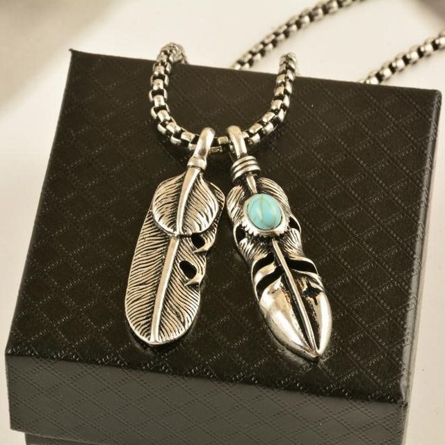 【BISITE】ターコイズダブルフェザーネックレス ペンダント / Turquoise double feather Necklace (DCT-543987144907)