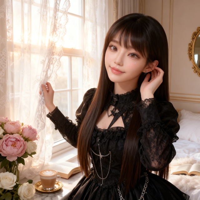 〔ロリータ〕ブラックゴシックロリータドレス（長袖ワンピース・ゴシックコスチューム）