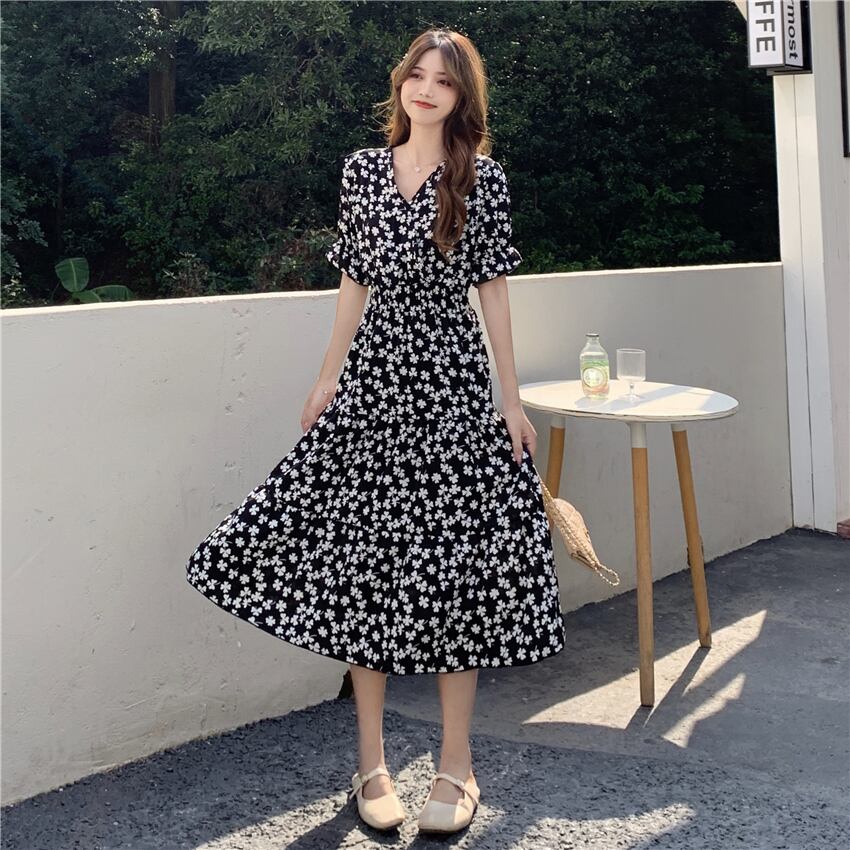 スカート サマードレス フローラルウェストスタンダード レトロ 夏物 花柄 YY-ファッション31840464522