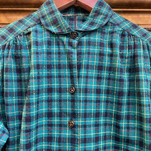 VINTAGE 50's green check round collar blouse